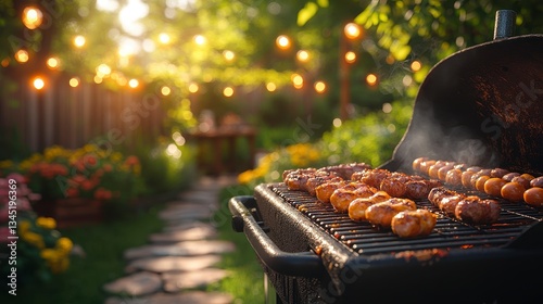 Backyard BBQ Feast: A detailed close-up captures juicy sausages grilling on a backyard barbecue, with soft bokeh lights and lush greenery creating a warm, inviting atmosphere of outdoor dining.