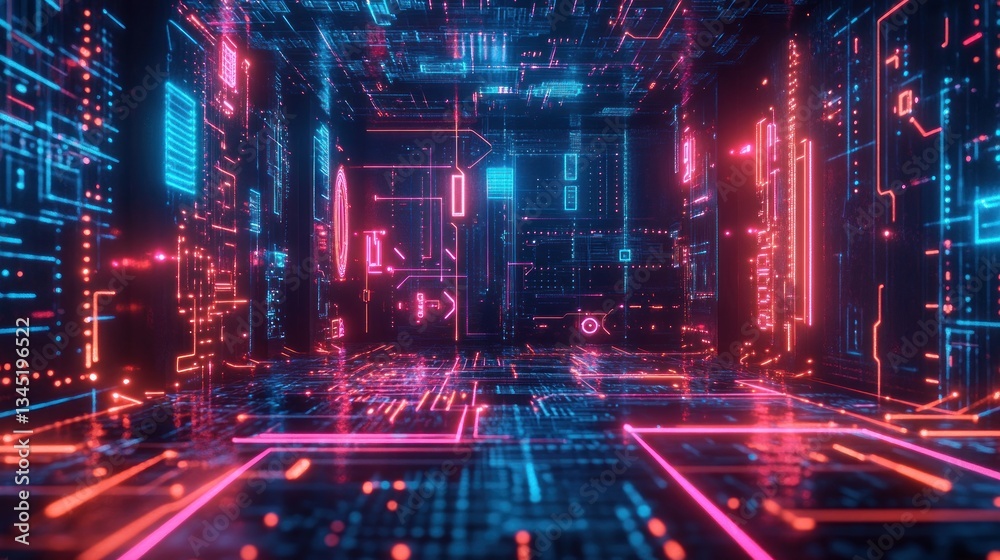A blockchain-themed set with glowing circuits and symbols A blockchain-themed set with glowing circuits and symbols