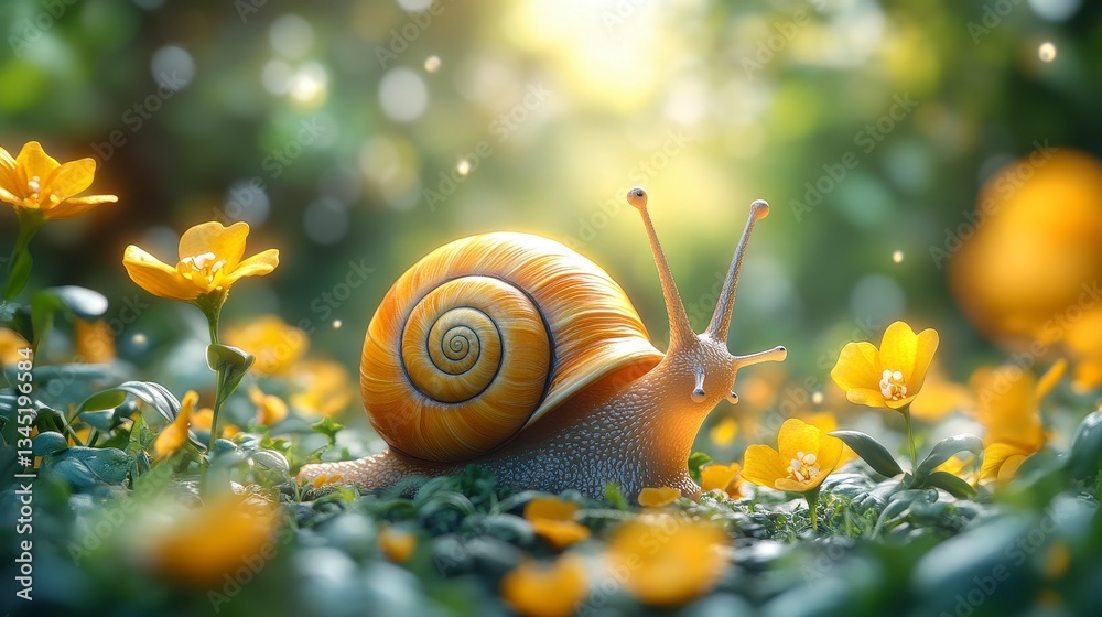 Enchanted Garden Snail: A vibrant snail navigates a magical garden scene, surrounded by glowing elements and delicate flora, capturing a sense of wonder and the beauty of the small things.