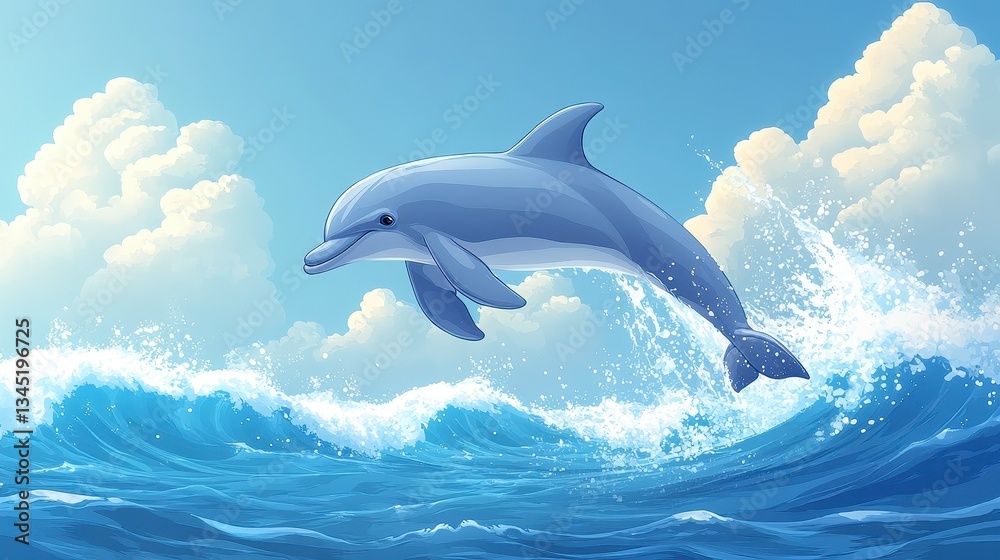 Obraz premium Playful Dolphin leaps in sea: A joyful illustration of a dolphin leaping out of the ocean, capturing the dolphin's sleek form and the dynamic energy of the waves, sky with puffy clouds.