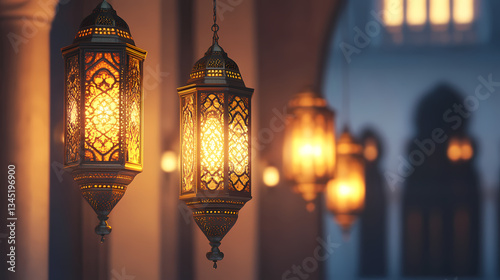Radiant Lanterns: Close-up shot of a string of golden lanterns, illuminated against an ornamental backdrop, casting a warm and inviting glow, symbolizing celebration.