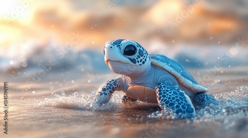 Tiny Turtle's Journey: A baby sea turtle embarks on its first adventure. The turtle is captured against a beautiful background.