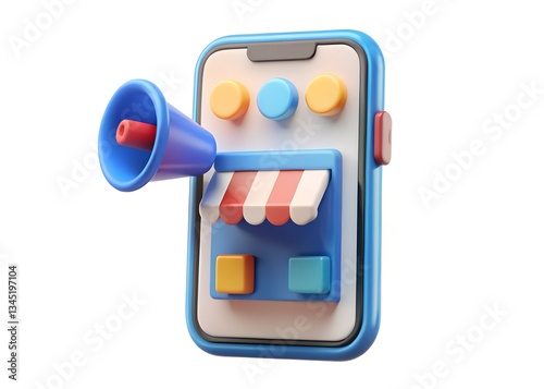 Digital Marketplace: A stylized representation of an online storefront, featuring a smartphone with an awning, megaphone, and colorful icons, symbolizing the modern retail and marketing landscape.