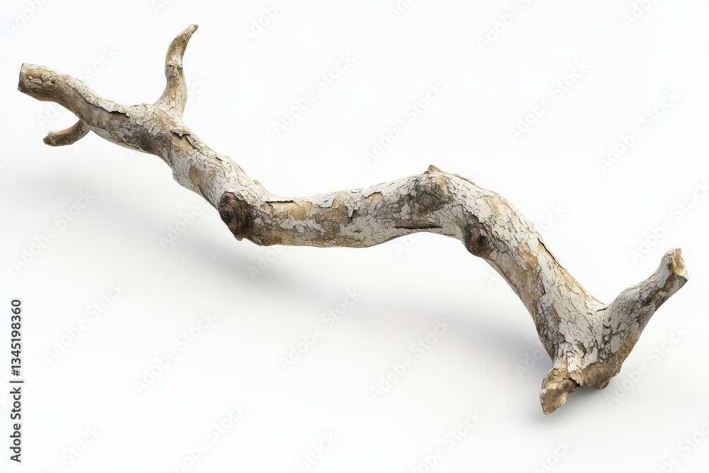 Fototapeta premium Weathered tree branch with dry peeling bark and slightly curved shape isolated on white background for nature-inspired compositions