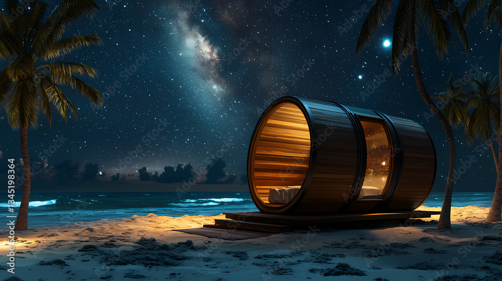 Fototapeta premium Coastal Getaway Under the Stars: A barrel-shaped cabin sits serenely on a sandy beach, illuminated by the warm glow of interior light and framed by swaying palm trees under a stunning night sky