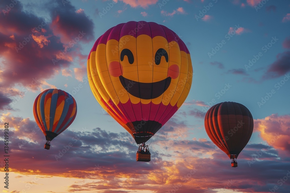 Obraz premium Hot Air Balloons Float in Colorful Sunset Sky with Smiley Face Balloon