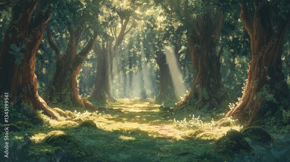 Obraz premium Enchanted Forest Pathway with Sunlight Filtering Through Lush Green Trees and Vibrant Foliage in Ethereal Atmosphere