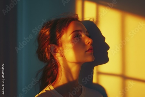 Pensive Young Woman in Golden Light with Shadow - Portrait of Hope, Contemplation