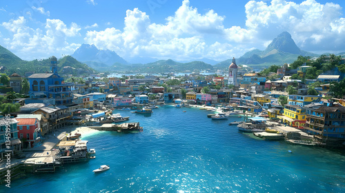 Coastal City Panorama View with Bright Blue Waters and Colorful Buildings Under a Cloudy Sky