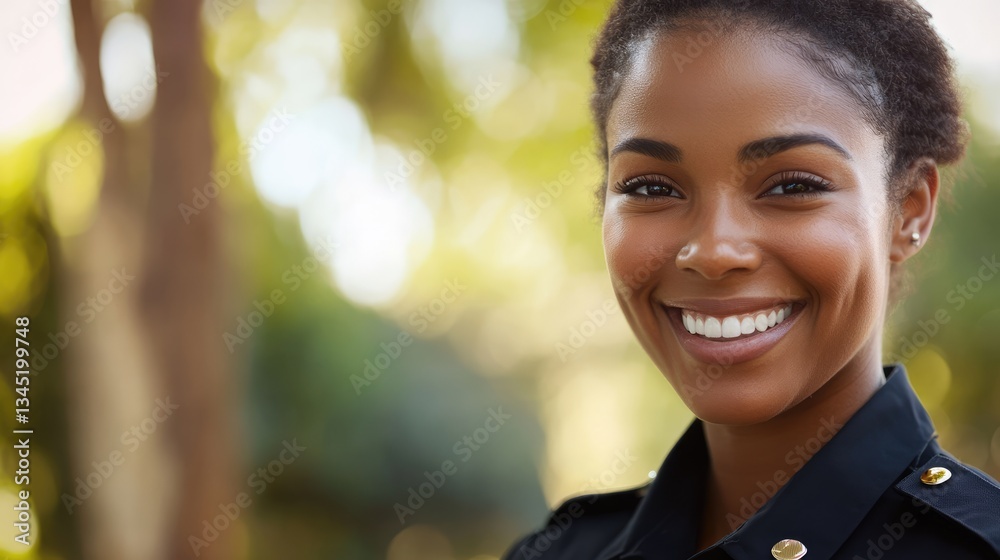 A smiling female police officer in uniform stands confidently outdoors, surrounded by lush greenery and warm sunlight A smiling female police officer in uniform stands confidently outdoors, surrounded by lush greenery and warm sunlight