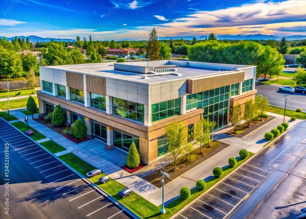 Aerial View of Modern Dental Clinic Building and Parking Lot