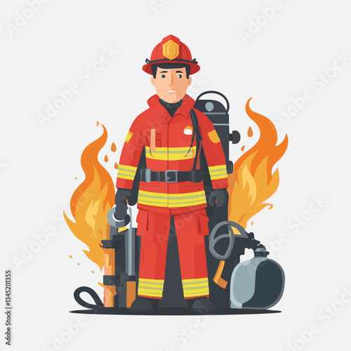 fireman, emergency, firefighter, safety, danger, fire, rescue, man, fighter, helmet, uniform, protection, red, service, equipment, background, hose, flame, extinguisher, burn, hero, job, water, work, 