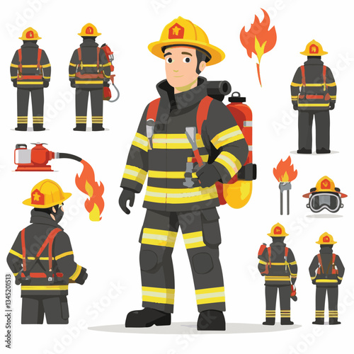 fireman, emergency, firefighter, safety, danger, fire, rescue, man, fighter, helmet, uniform, protection, red, service, equipment, background, hose, flame, extinguisher, burn, hero, job, water, work, 