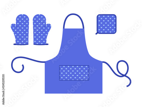 Set of Aprons, Oven Gloves and potholder blue cartoon heart pattern Fashion hand accessory clothing technical illustration garment. Vector for Men, women, unisex style flat on white background