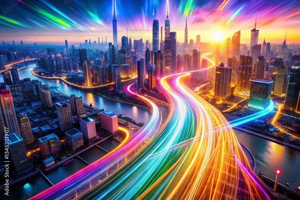 Fototapeta premium Aerial View of Numbered Digital Data Streams Flowing