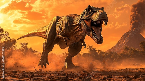 Tyrannosaurus Rex on the Prowl during a Volcanic Eruption Event