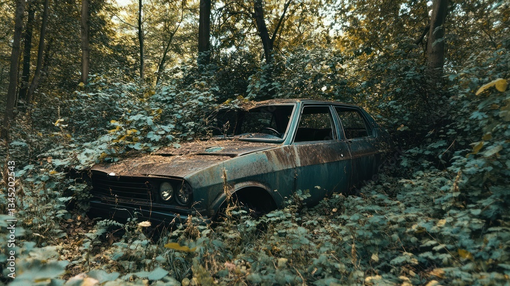 An old and abandoned car is overtaken by nature in a forest An old and abandoned car is overtaken by nature in a forest