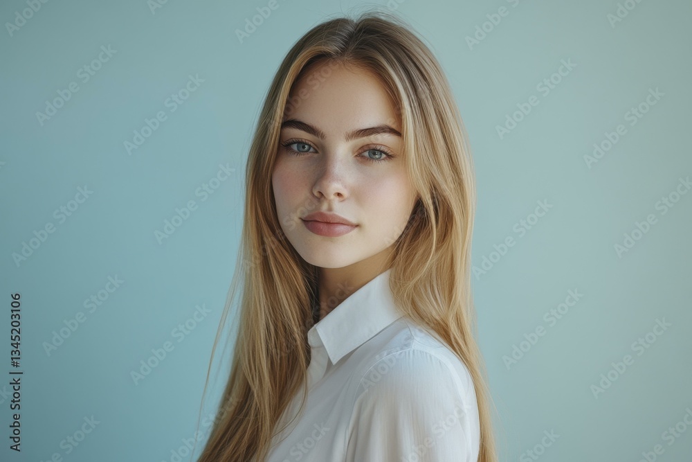 Pensive Caucasian Woman with Long Blonde Hair Wearing White Shirt Stares into Camera Pensive Caucasian Woman with Long Blonde Hair Wearing White Shirt Stares into Camera