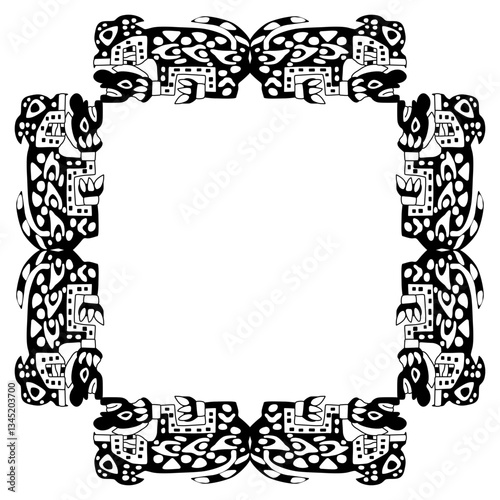 Square animal frame with fantastic monster cats holding human heads. Native American ethnic motif from ancient Peru. Wari or Huari Andean culture. Black and white silhouette.