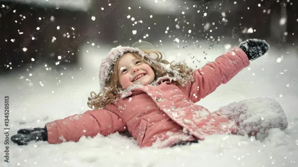 Happy child playing in snow wearing pink jacket during winter snowfall in the backyard