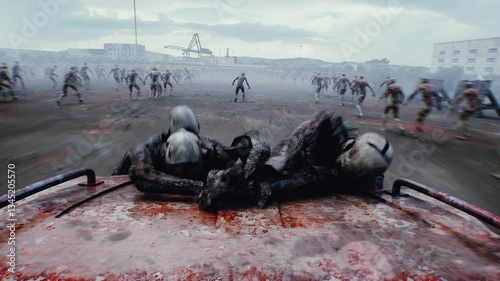 zombie car drives and hits zombies. Apocalyptic concept.