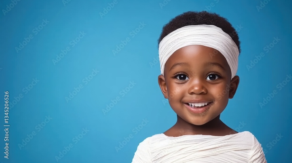 Smiling child with bandage on blue background: happiness and innocence Smiling child with bandage on blue background: happiness and innocence