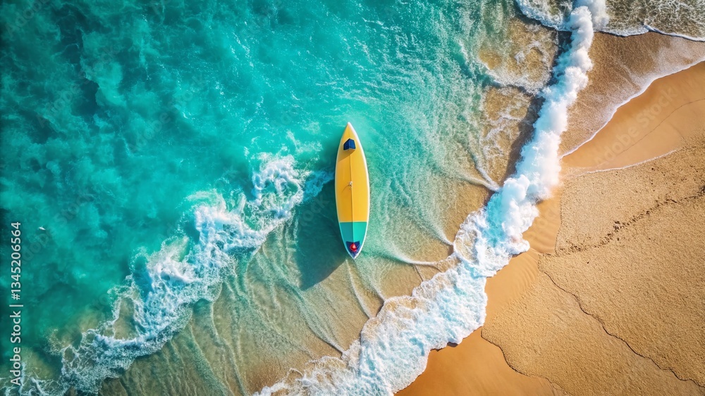 Obraz premium Aerial View of Surfboard with Abstract Logo Design on Sandy Beach