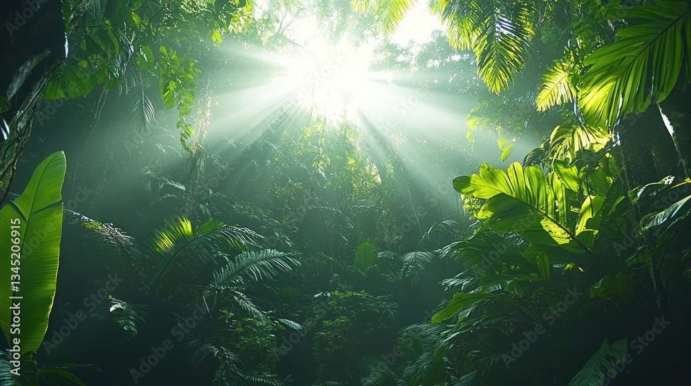 Obraz premium A trek through a dense jungle with towering trees, vines, and exotic wildlife