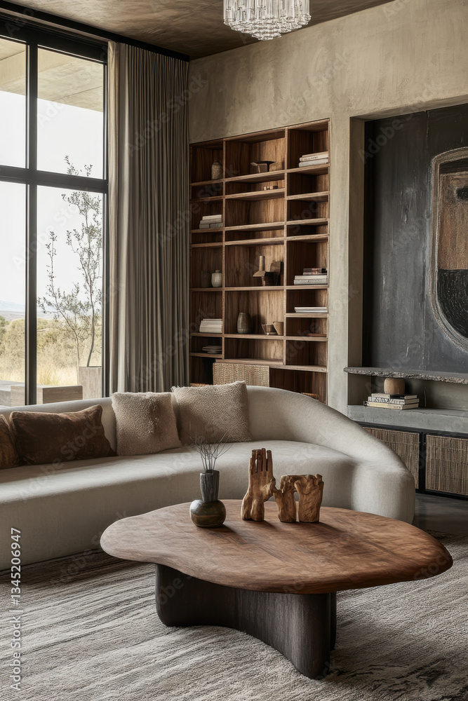 Modern living room with curved sofa, wooden shelves, and abstract art in elegant interior design