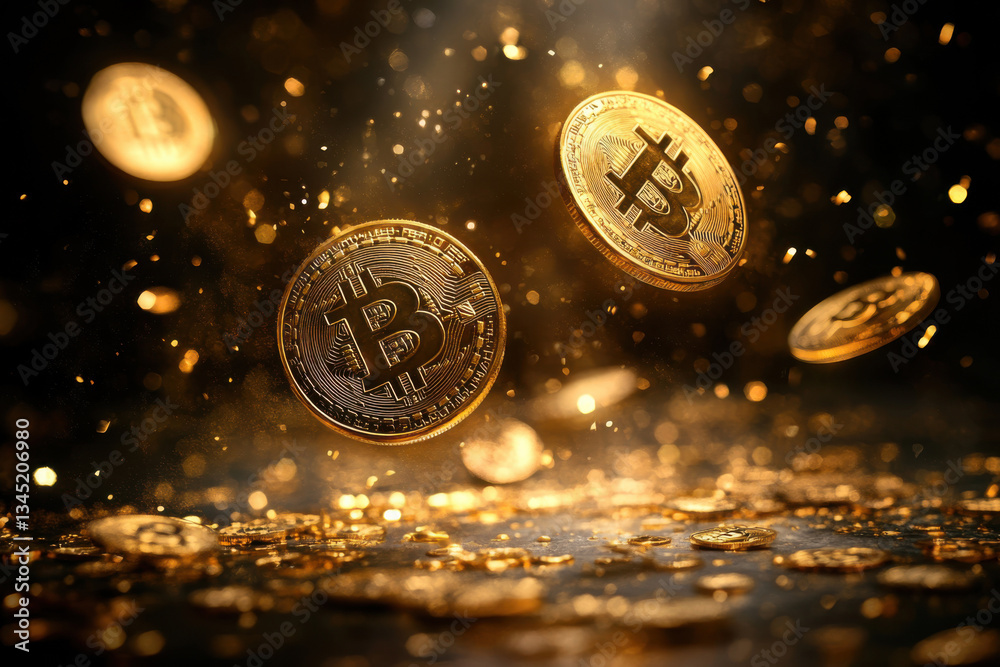 Golden bitcoins floating amidst sparkling particles in a dramatic light setting