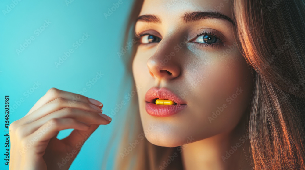 Woman taking medication for health and wellness focused on modern self care and personal health management