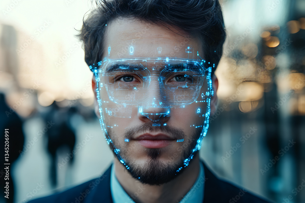 Young man with digital facial recognition interface in urban environment