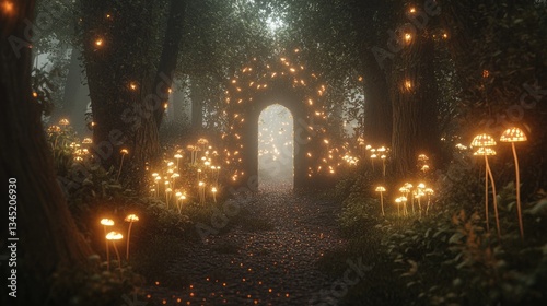 Enchanted Forest Pathway with Glowing Mushrooms and Magical Archway Surrounded by Lush Greenery and Mystical Light