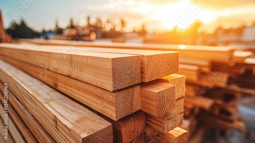 Sunlit stack of wooden planks in sawmill yard at sunset with warm golden light