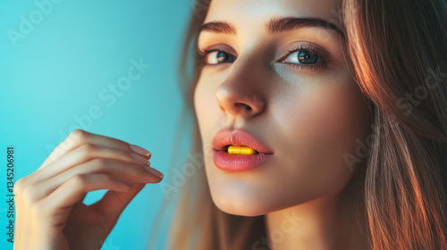 Obraz na płótnie Woman taking medication for health and wellness focused on modern self care and personal health management w salonie