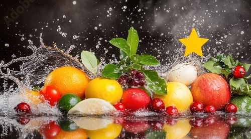 Vibrant splash of fresh fruits and citrus with water droplets and greenery against a dark background