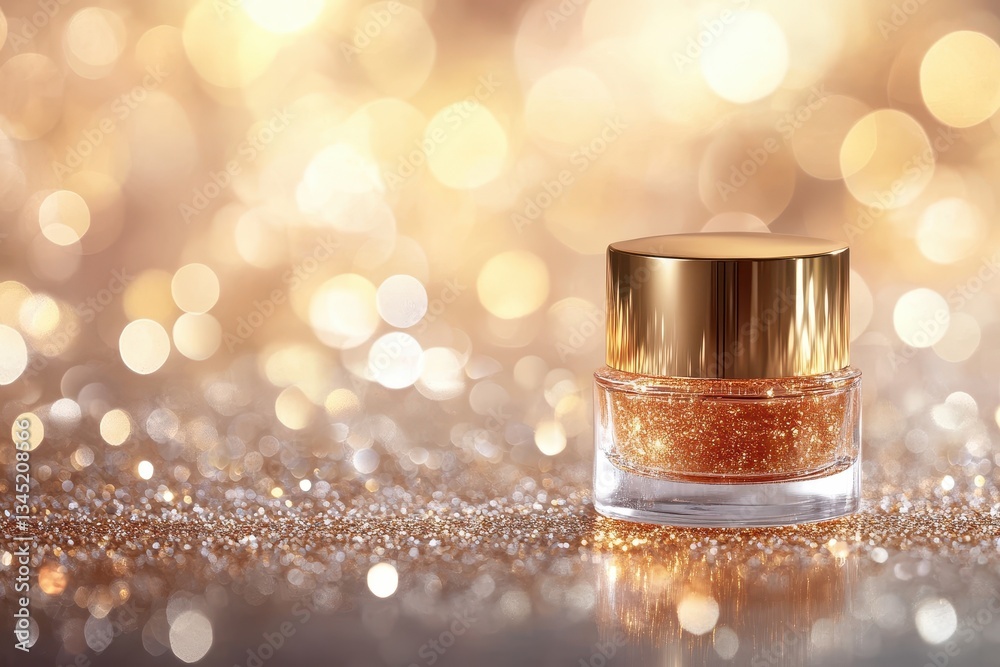 Glimmering cosmetic jar surrounded by sparkling golden decorations in a soft focus background creating a festive atmosphere Glimmering cosmetic jar surrounded by sparkling golden decorations in a soft focus background creating a festive atmosphere