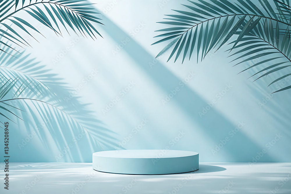Blue podium with palm leaves shadow background for product display Blue podium with palm leaves shadow background for product display
