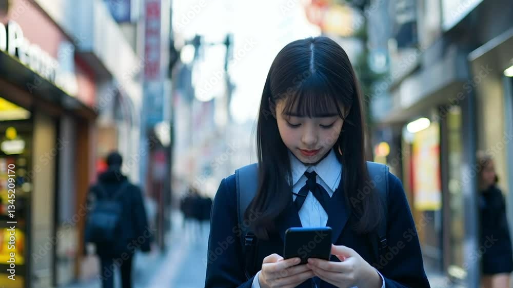 High school teen girl student walking street using smartphone