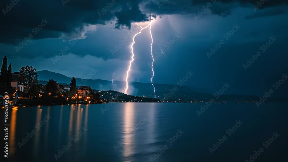 Stormy night features lightning striking over a lake surrounded by mountains and town under dark clouds