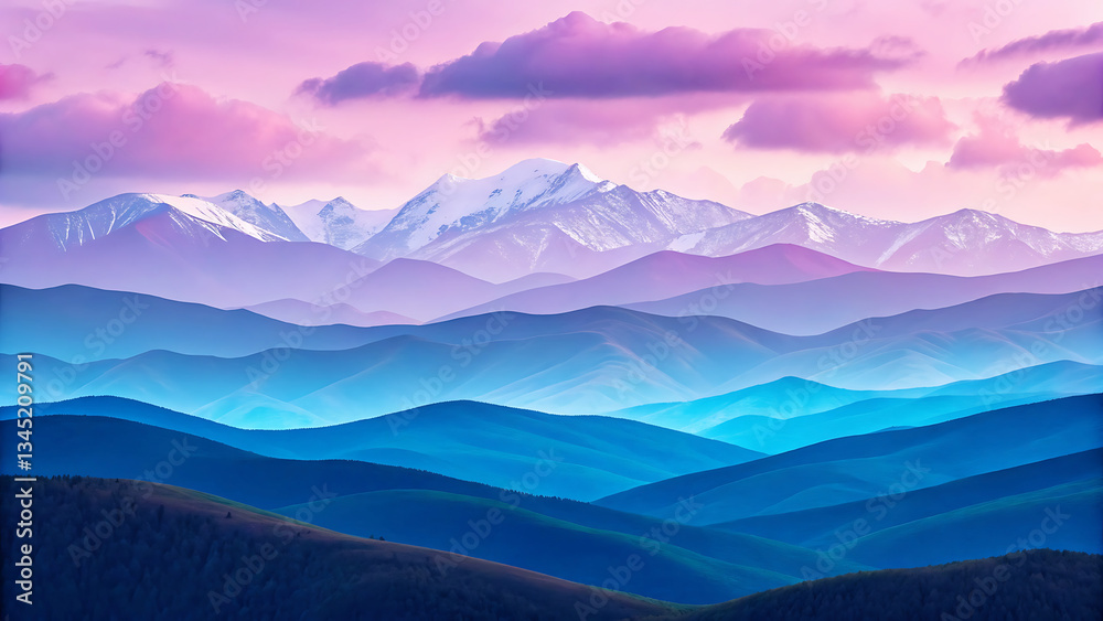 Obraz premium Scenic mountain range landscape with pink clouds and blue hills