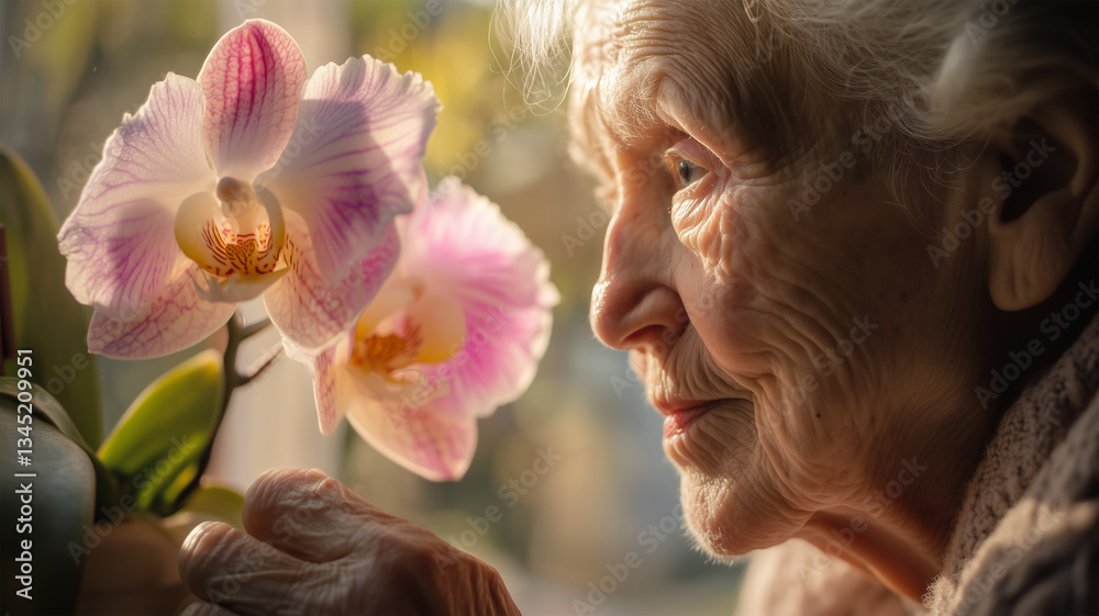Fototapeta premium 蘭に想いを馳せるシニア女性 — 長い人生とともに愛された美しさ