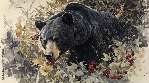 Animals Black Bear Scene Patch Lumbering Through Berry