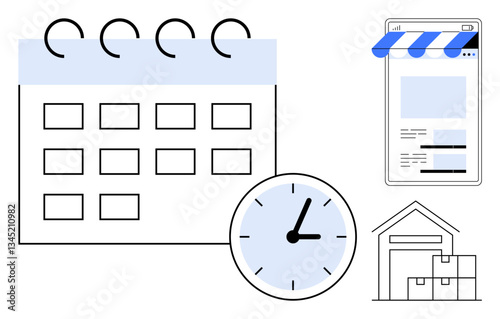 Calendar, clock, smartphone screen displaying online store, and warehouse shed with boxes visually embody time management, planning, e-commerce operations, inventory. Ideal for scheduling, time
