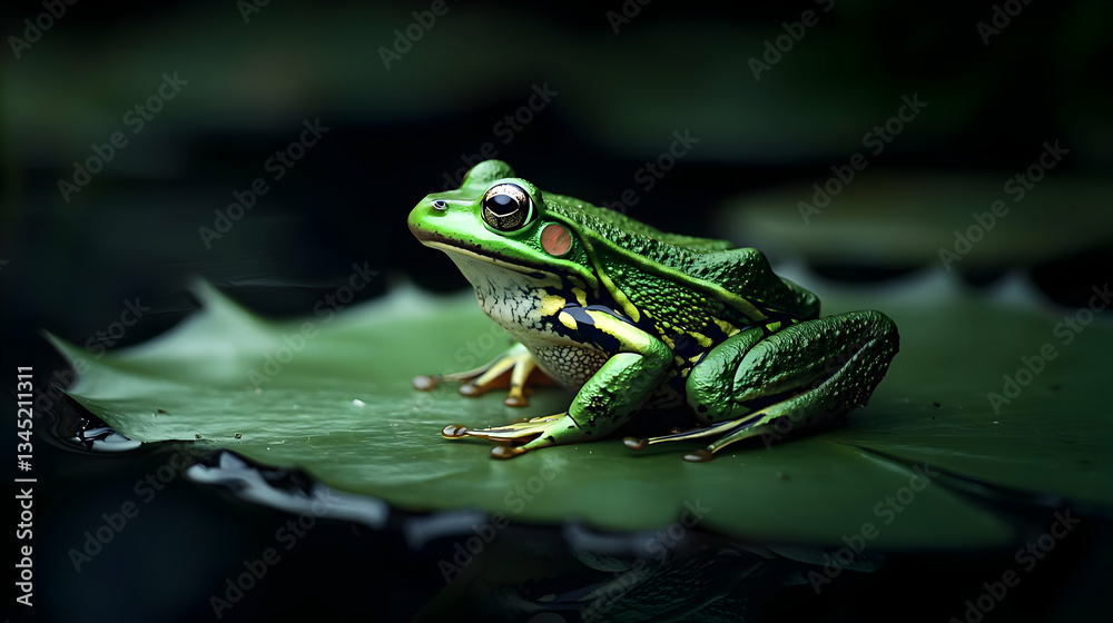Fototapeta premium Green Frog On Lily Pad In Dark Pond