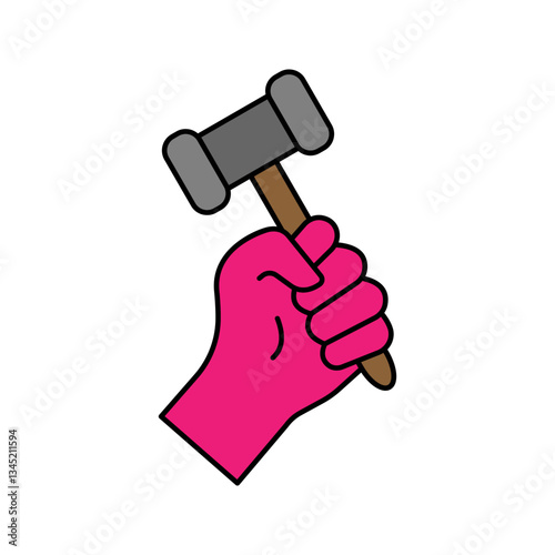 Hammer a nail black line icon. Holding in hand hammer. Construction and repair. Human repairman with working tools. Vector illustration flat design. Isolated on background.