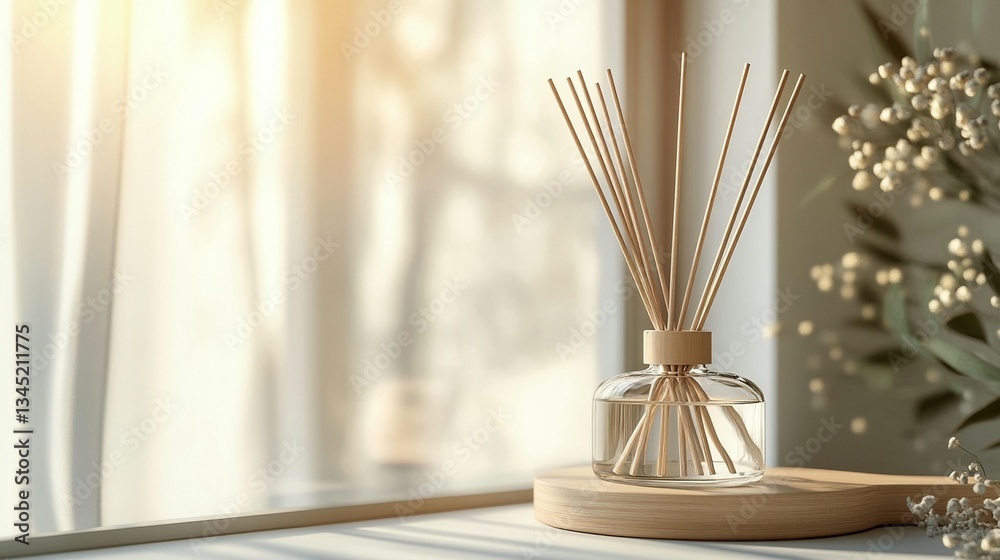 Fototapeta premium Reed diffuser with natural essential oils sits on a wooden coaster by a sunlit window.