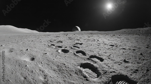 Lunar footprints, Earthrise, moon surface, space exploration, science background