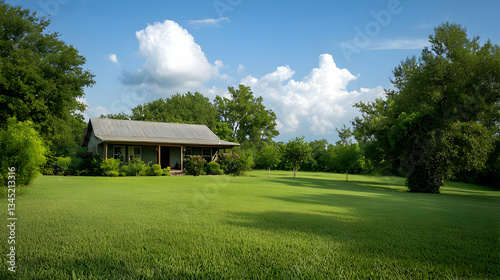 Tranquil Country House Surrounded By Lush Greenery Under A Bright Blue Sky