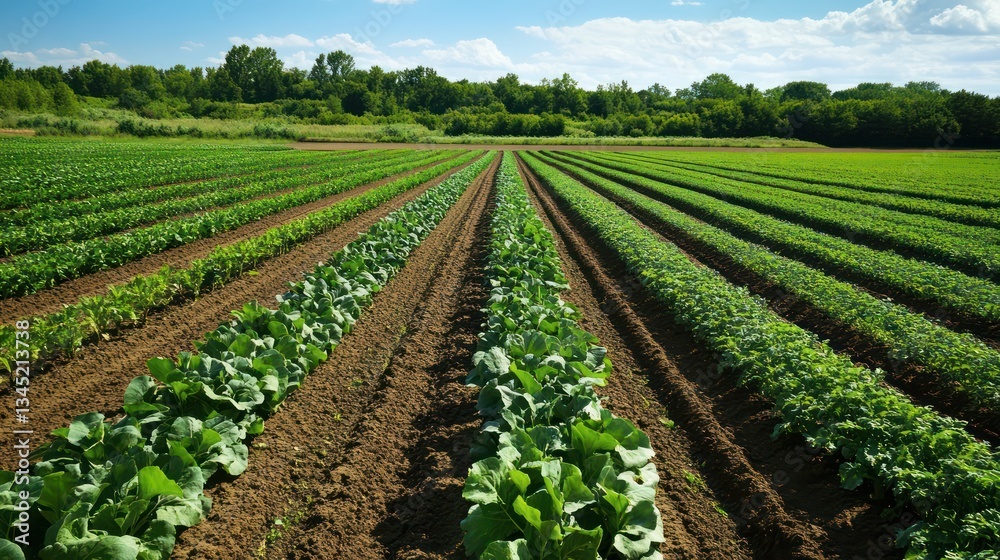 Lush farmland rows, sunny day, agriculture, growing crops, background trees Lush farmland rows, sunny day, agriculture, growing crops, background trees